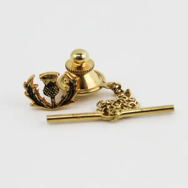 Vtg Scottish Thistle Gold Tone Enamel Tie Tack Pin w/ Chain Clutch