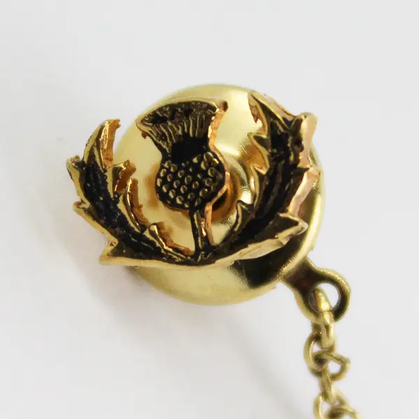 Vtg Scottish Thistle Gold Tone Enamel Tie Tack Pin w/ Chain Clutch
