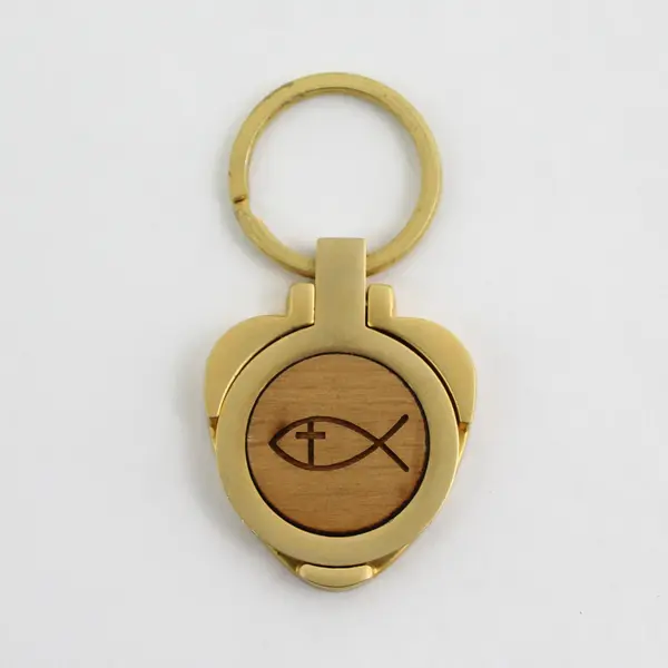 Christian Jesus Fish Emblem Wood Printed Religious Keyring