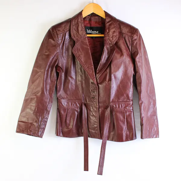 Vintage Wilsons Women's 10 Deep Red 3 Button Front Tie Waist Leather Jacket