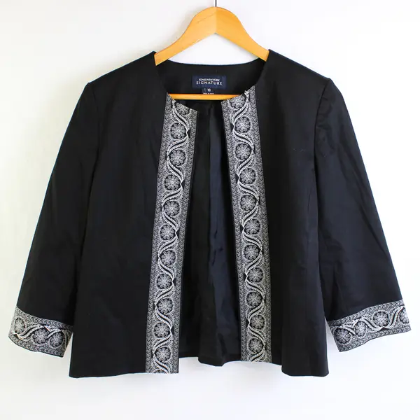 Vtg Jones NY Women's 10 Blk/Wht 1/2 Sleeve Paisley Open Front Blazer Jacket