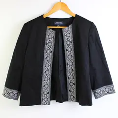 Vtg Jones NY Women's 10 Blk/Wht 1/2 Sleeve Paisley Open Front Blazer Jacket