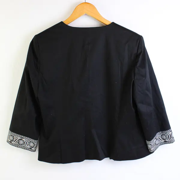 Vtg Jones NY Women's 10 Blk/Wht 1/2 Sleeve Paisley Open Front Blazer Jacket