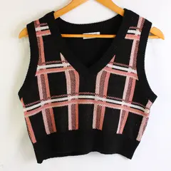 Full Circle Trends Women's L Multicolor Plaid Mini Cropped Knit Vest