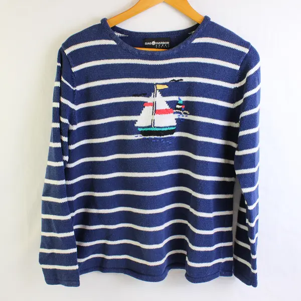 Sag Harbor Women's M Petite Navy Striped Knit Sail Boat Nautical Sweater