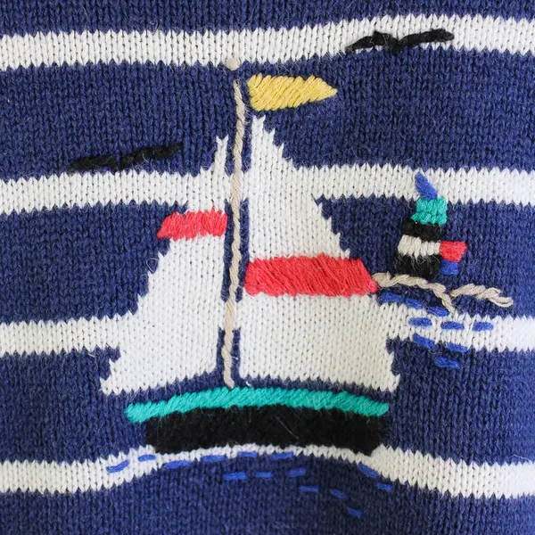 Sag Harbor Women's M Petite Navy Striped Knit Sail Boat Nautical Sweater
