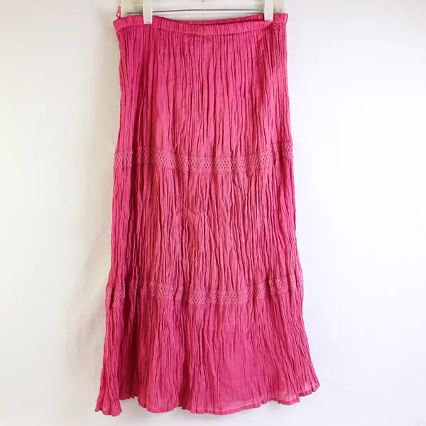 Hi Lites Women's S Hot Pink 100% Cotton Crochet Detailing Tiered Maxi Skirt