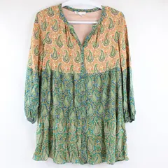 DR2 Women's L Orange/Green/Blue Paisley Print Peplum Long Sleeve Tunic Dress