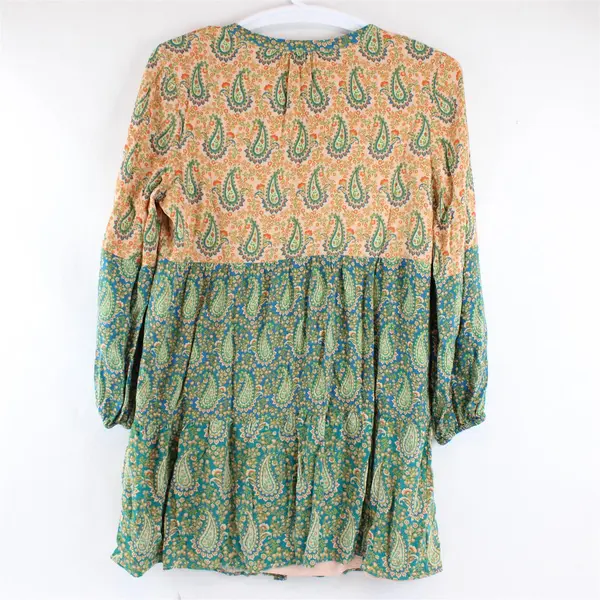 DR2 Women's L Orange/Green/Blue Paisley Print Peplum Long Sleeve Tunic Dress