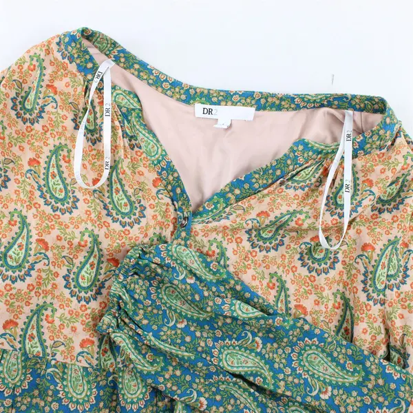 DR2 Women's L Orange/Green/Blue Paisley Print Peplum Long Sleeve Tunic Dress