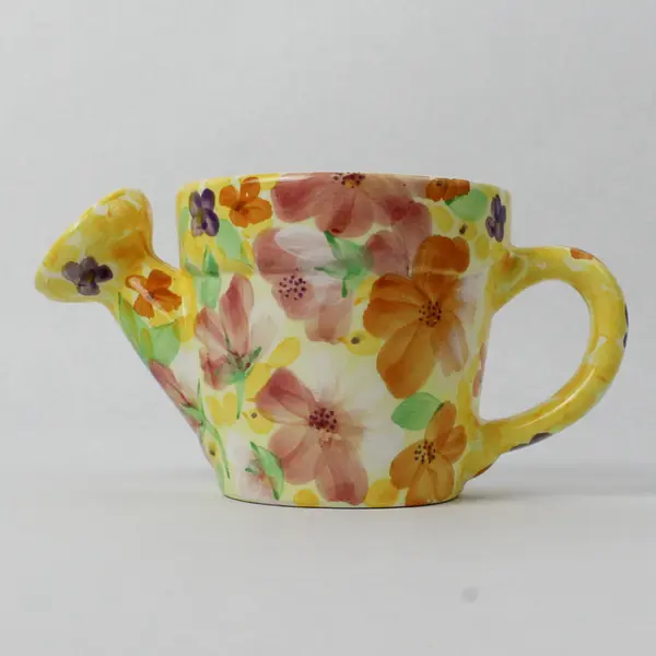 Hand-Painted Ceramic Watering Can Yellow Floral Indoor Decorative 8in