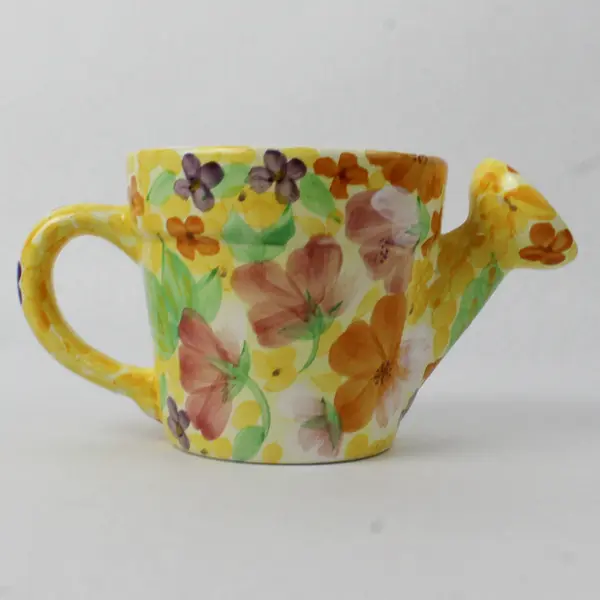 Hand-Painted Ceramic Watering Can Yellow Floral Indoor Decorative 8in