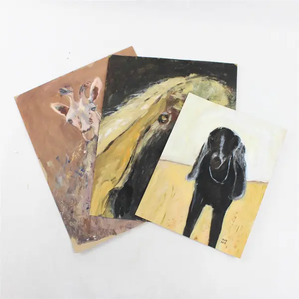 Lot of 3 Signed Mary Rash Original Animal Paintings - Giraffe, Horse, and Goat