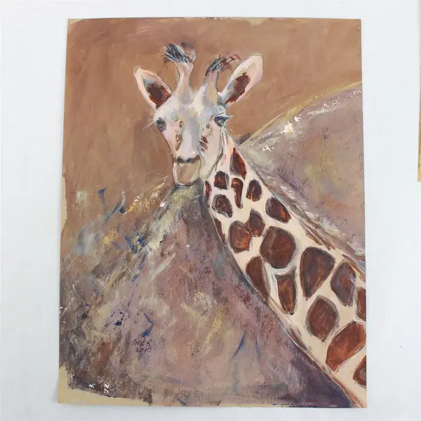 Lot of 3 Signed Mary Rash Original Animal Paintings - Giraffe, Horse, and Goat