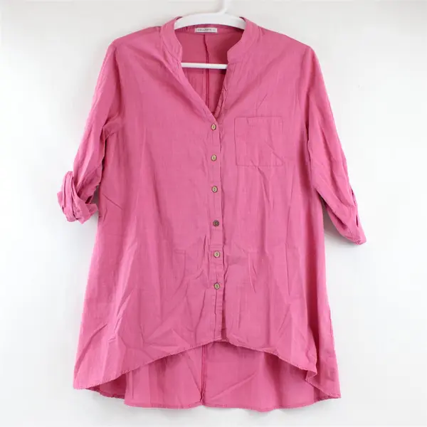 Cellabie Women's XL Pink Oversized Button Up Cotton Blend Tunic Shirt