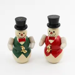 Set Of Wood Snowmen Wearing Vests Bowties And Top Hats Salt And Pepper Shakers