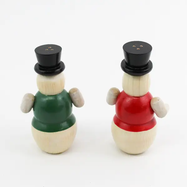 Set Of Wood Snowmen Wearing Vests Bowties And Top Hats Salt And Pepper Shakers