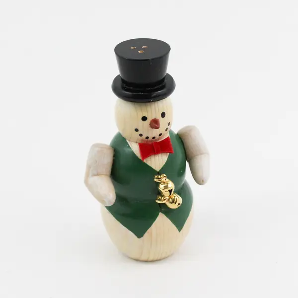 Set Of Wood Snowmen Wearing Vests Bowties And Top Hats Salt And Pepper Shakers