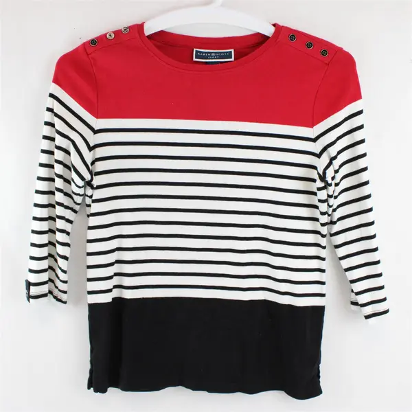 Karen Scott Sport Women's M Red, Black, Striped 1/2 Sleeve 100% Cotton Blouse