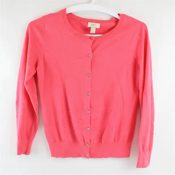 Loft Ann Taylor Women's M  Barbie Pink Rhinestone Button-Up Cardigan Sweater