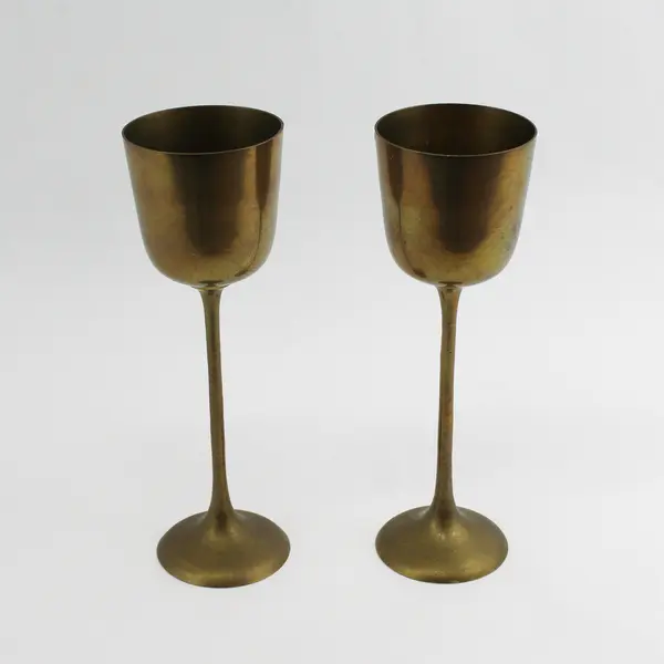 Set of 2 Long Stemmed Solid Brass Goblet Candle Holders 9.5" Tall Made In India