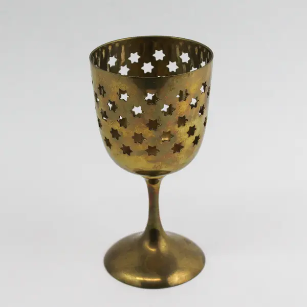Vintage Brass Goblet Candle  Holder With Pierced Stars 6" Made In India