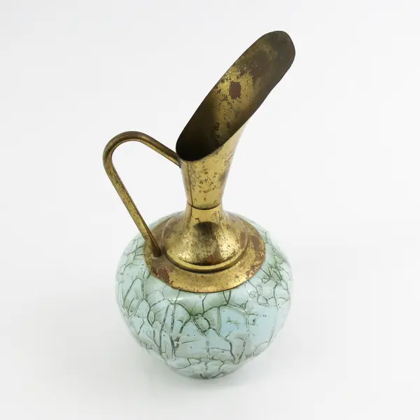 Vtg Delft Holland Brass/Marbled Ceramic Pitcher Vase Hand Painted 8"