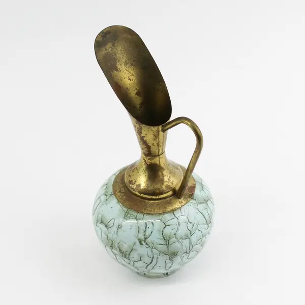 Vtg Delft Holland Brass/Marbled Ceramic Pitcher Vase Hand Painted 8"