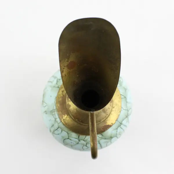 Vtg Delft Holland Brass/Marbled Ceramic Pitcher Vase Hand Painted 8"