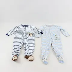 Set of 2 Little Me Baby 9M Blue Striped Footed Bodysuits w/Embroidered Animals