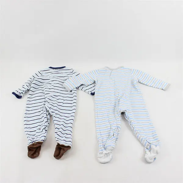 Set of 2 Little Me Baby 9M Blue Striped Footed Bodysuits w/Embroidered Animals