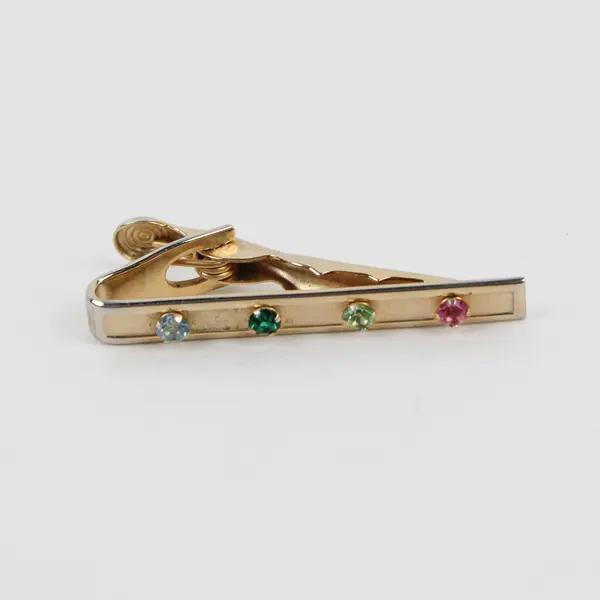 Vtg Jewelmont 1/20 12K GF Tie Bar Clasp w/ 4 Multicolor Rhinestones Set Into Bar