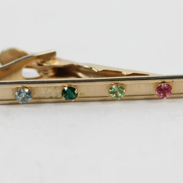 Vtg Jewelmont 1/20 12K GF Tie Bar Clasp w/ 4 Multicolor Rhinestones Set Into Bar