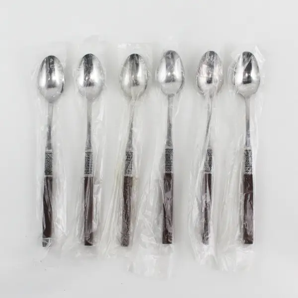6 Oneida Anticipation Pattern SS W/Wood Handle Iced Tea Spoons 7.5" New HTF