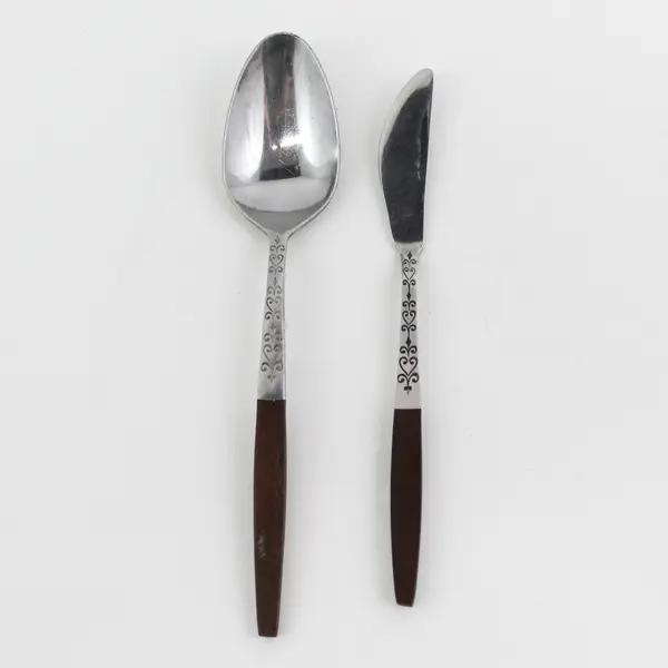 Lot of 2 Interpur INR2 Pattern SS W/Wood Handle Butter Knife Soup Spoon Rare 