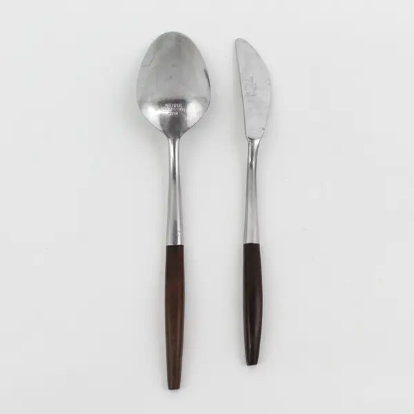Lot of 2 Interpur INR2 Pattern SS W/Wood Handle Butter Knife Soup Spoon Rare 