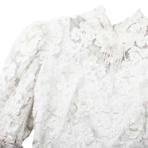 Vintage 1980's Women's 8 White Beaded Lace Long Sleeve Wedding Dress w/Hat& Veil