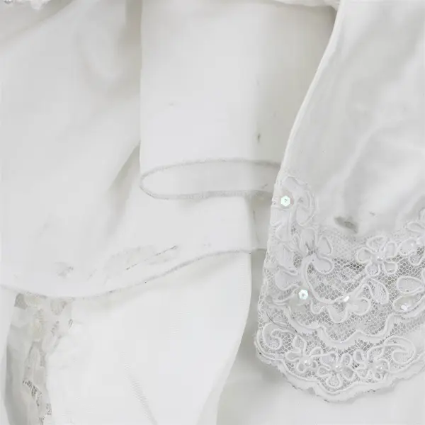 Vintage 1980's Women's 8 White Beaded Lace Long Sleeve Wedding Dress w/Hat& Veil