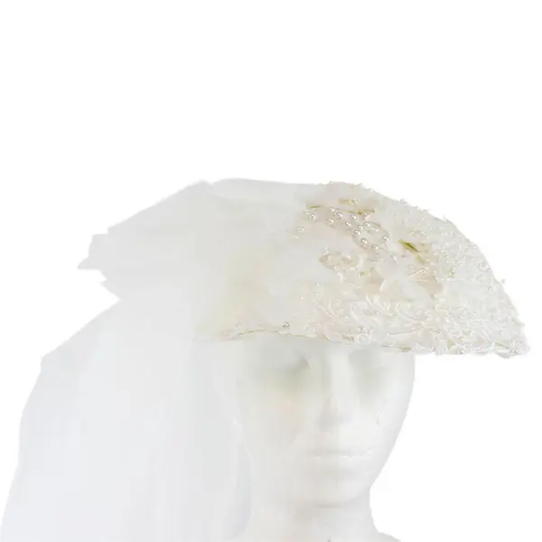 Vintage 1980's Women's 8 White Beaded Lace Long Sleeve Wedding Dress w/Hat& Veil