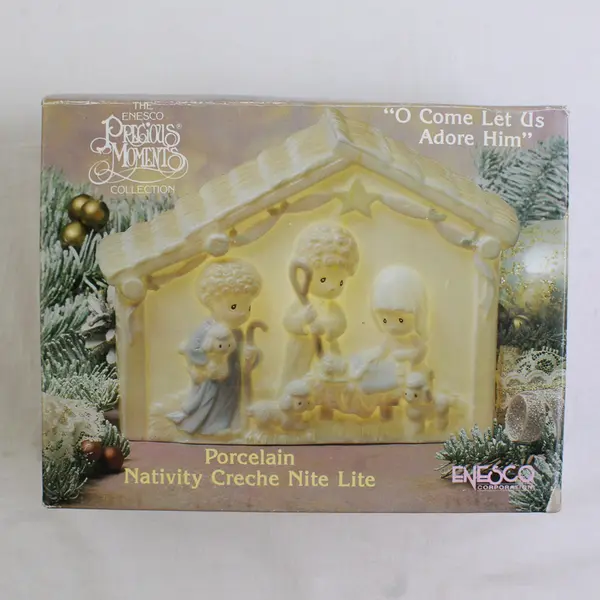 Enesco Precious Moments "O Come Let Us Adore Him" Porcelain Nativity Lite