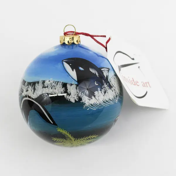 1999 Figi Inside Painted Orcas Glass Christmas Ornament 2.75"