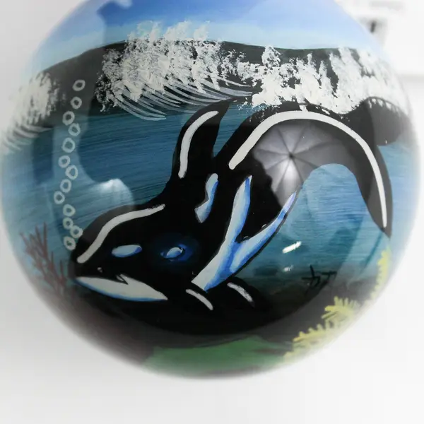 1999 Figi Inside Painted Orcas Glass Christmas Ornament 2.75"