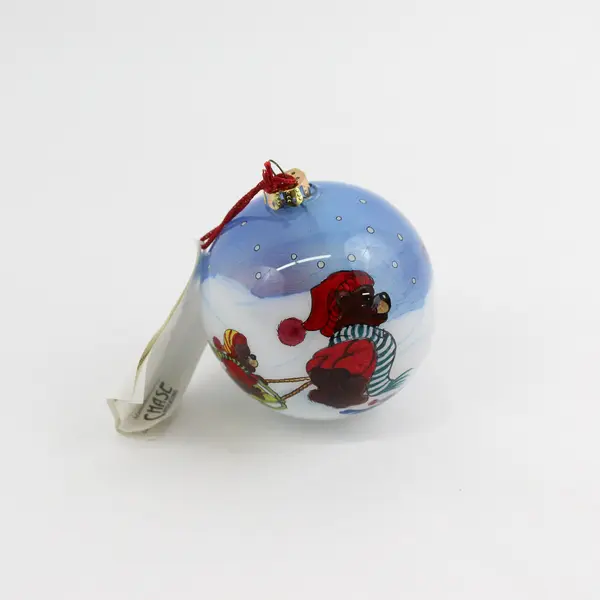 Chase Inside Painted Hand Blown Glass Ornament  Sledding Bears And Snowman