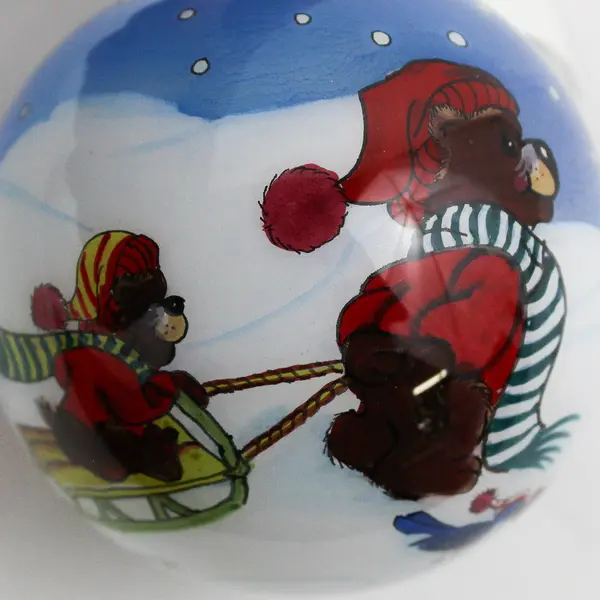 Chase Inside Painted Hand Blown Glass Ornament  Sledding Bears And Snowman