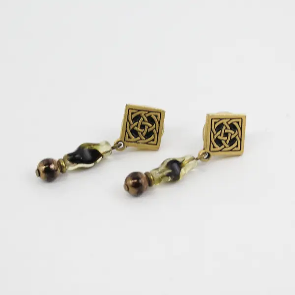 Vintage Gold Tone Celtic Knotwork Earrings with Burnished Beads