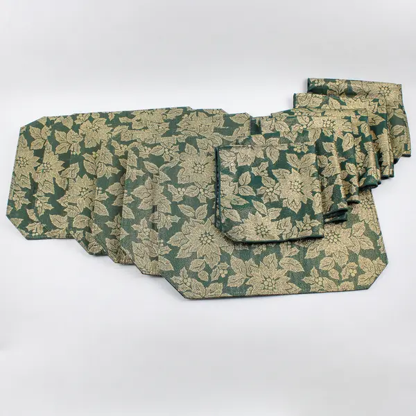  Lot Of 12 Unbranded Fabric Green/Gold Poinsettia Pattern 6 Placemats 6 Napkins