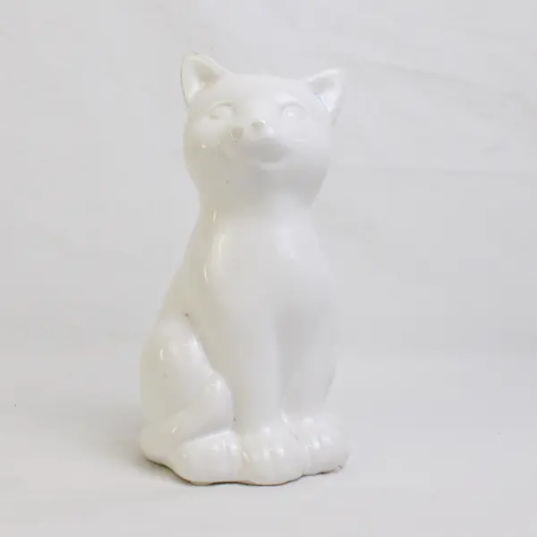 Solid White Color Ceramic Cat Decorative Figurine Coin Bank 6.25" Tall Flawed