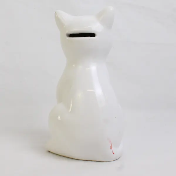 Solid White Color Ceramic Cat Decorative Figurine Coin Bank 6.25" Tall Flawed