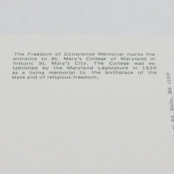 Freedom Of Conscience Memorial St Mary's College Of Maryland Color Postcard