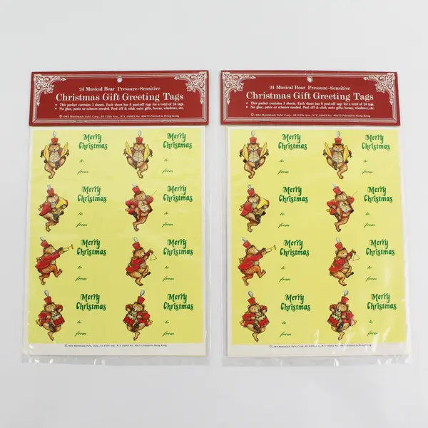 Lot Of 2 Christmas Gift Greeting Tag/Stickers 24 Musical Bear Pressure-Sensitive